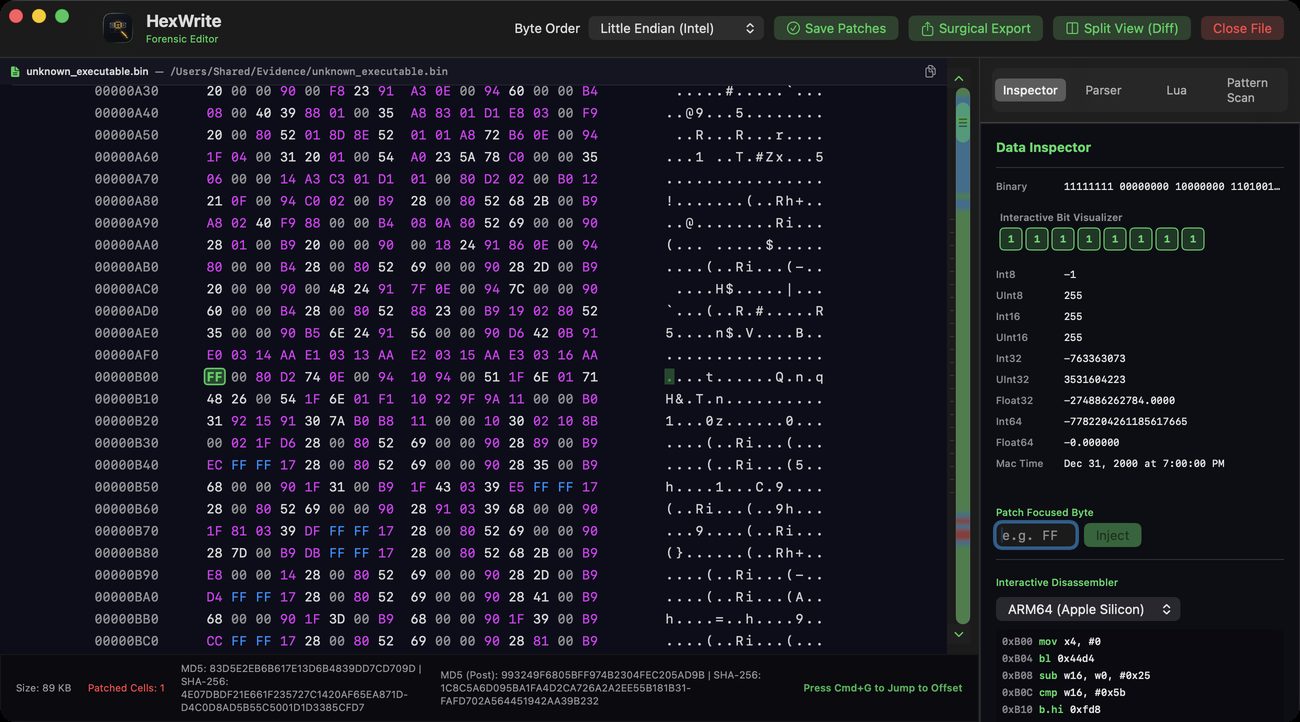 HexWrite 完成位元組修補與 Surgical Export 後的畫面：一個已修補的儲存格，狀態列顯示匯出前後的 MD5 與 SHA-256 雜湊值