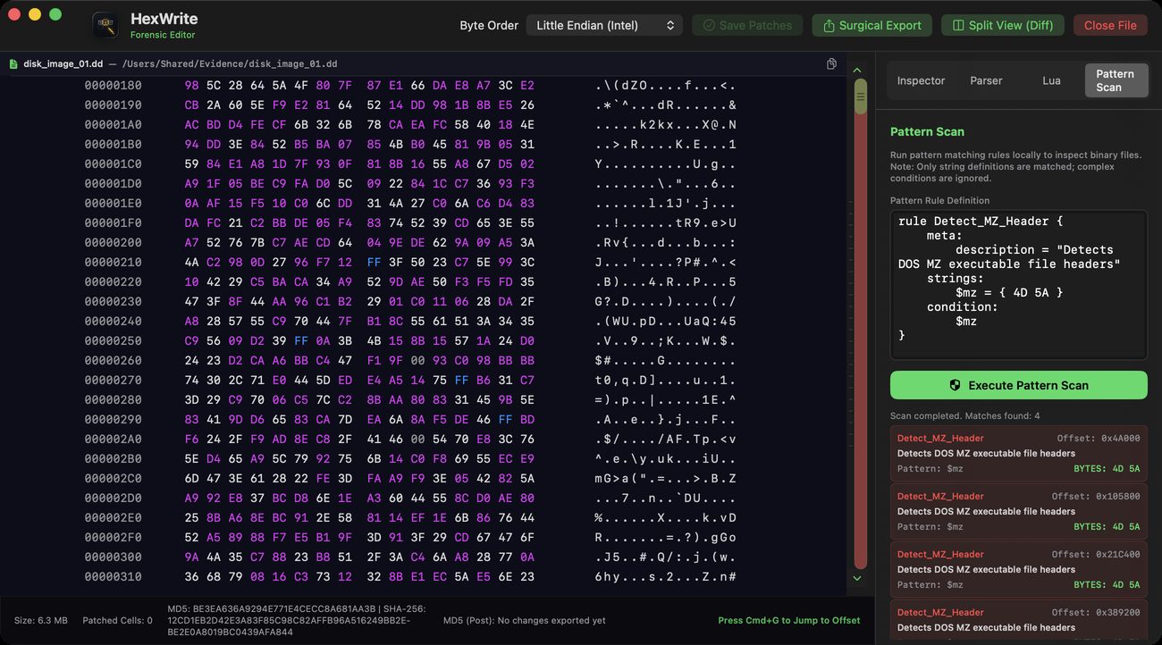 HexWrite Pattern Scan 在磁碟映像檔中找到常值位元組規則的四個相符項目，並逐一列出偏移量與相符的位元組