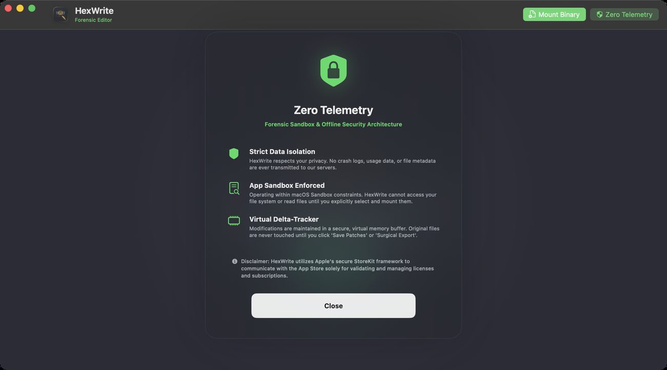 HexWrite 的 Zero Telemetry 面板，說明其鑑識沙箱與離線安全架構